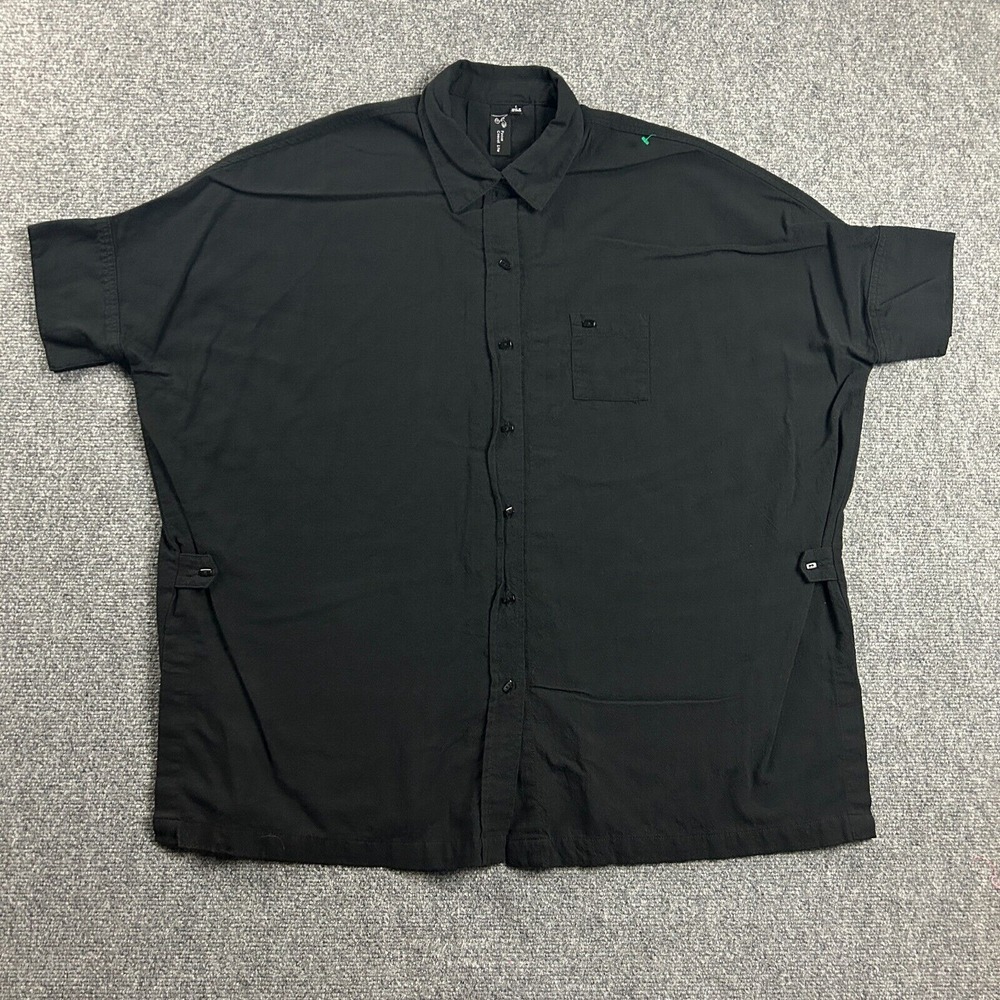 Focus Casual Life Top Womens Large Black Button Up Short Sleeve‎ Oversize A1